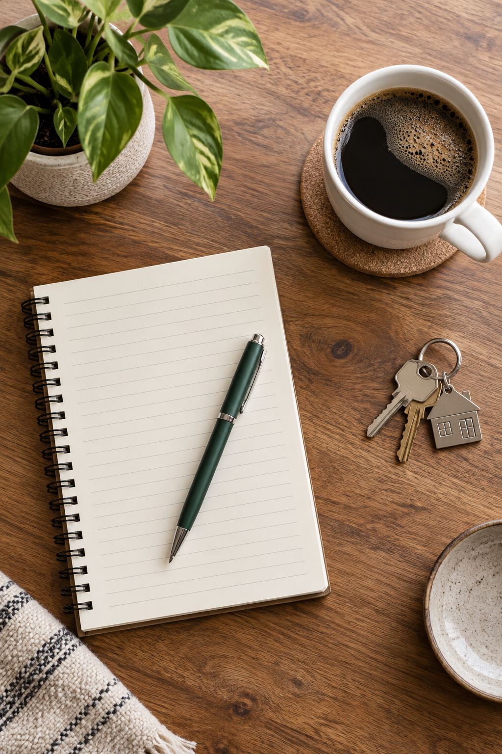 A realtor's desk with house keys and a notebook, illustrative