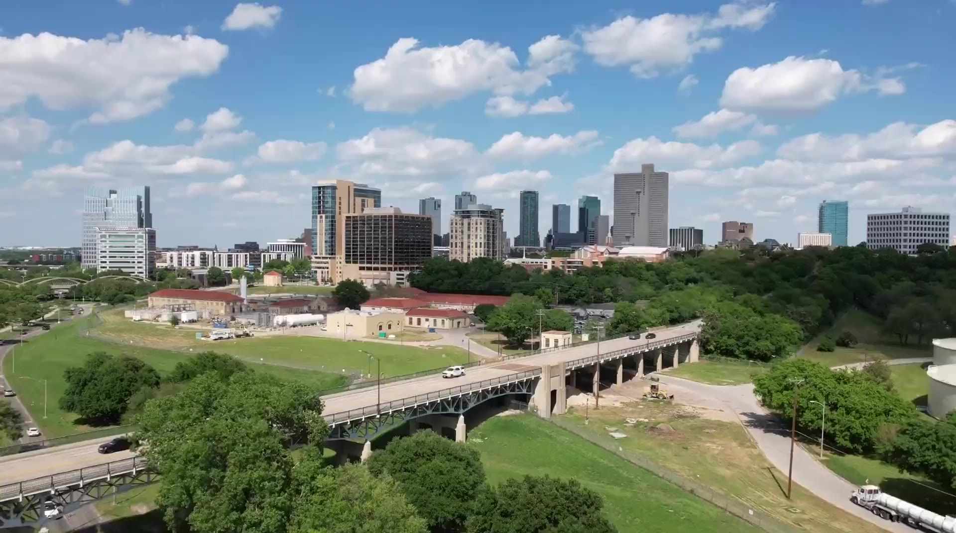 Aerial view of the downtown Fort Worth skyline over the Trinity River