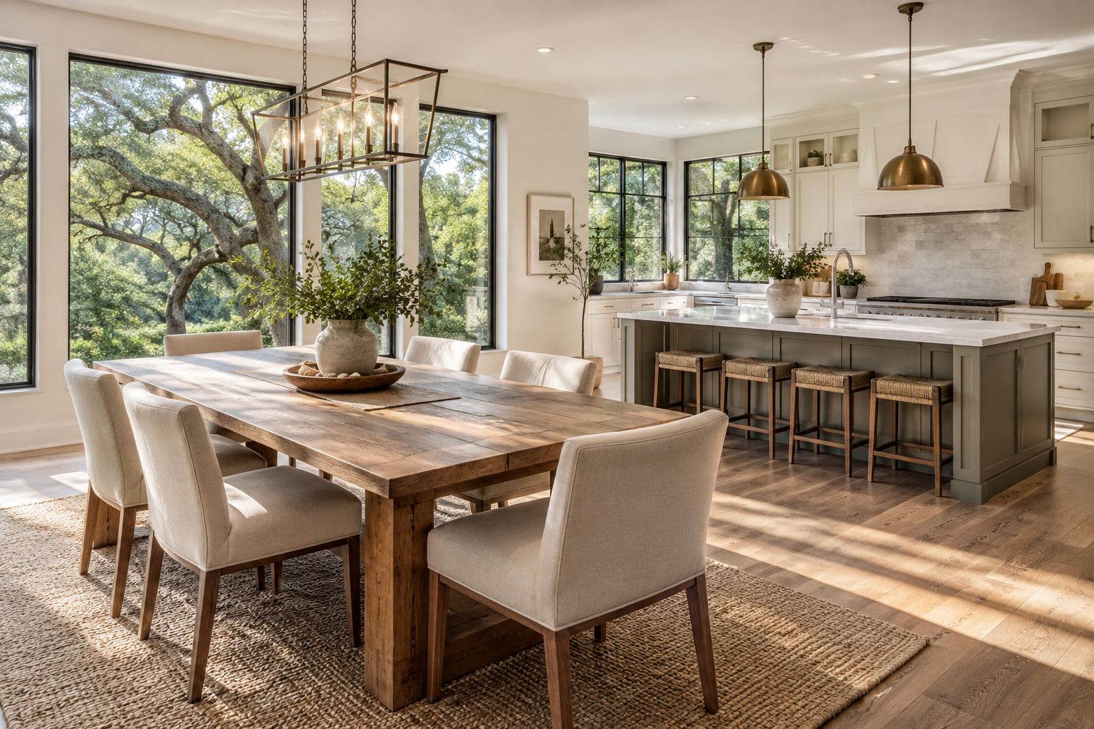 A bright dining room, illustrative